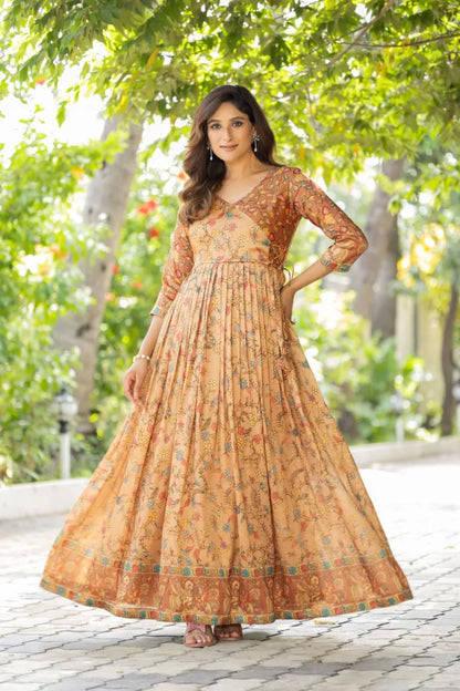 Silk Blend Floral Flared Gown with Heritage Border - Cream