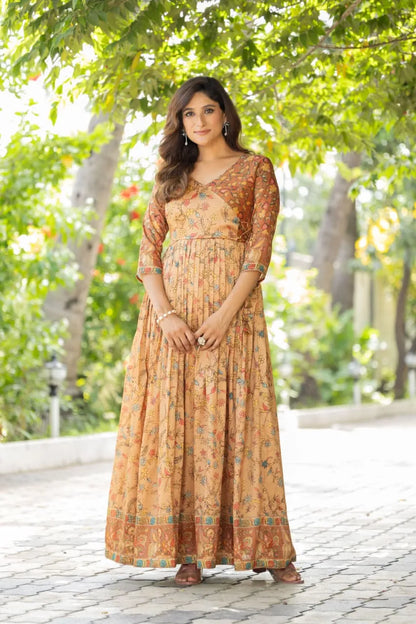 Silk Blend Floral Flared Gown with Heritage Border - Cream