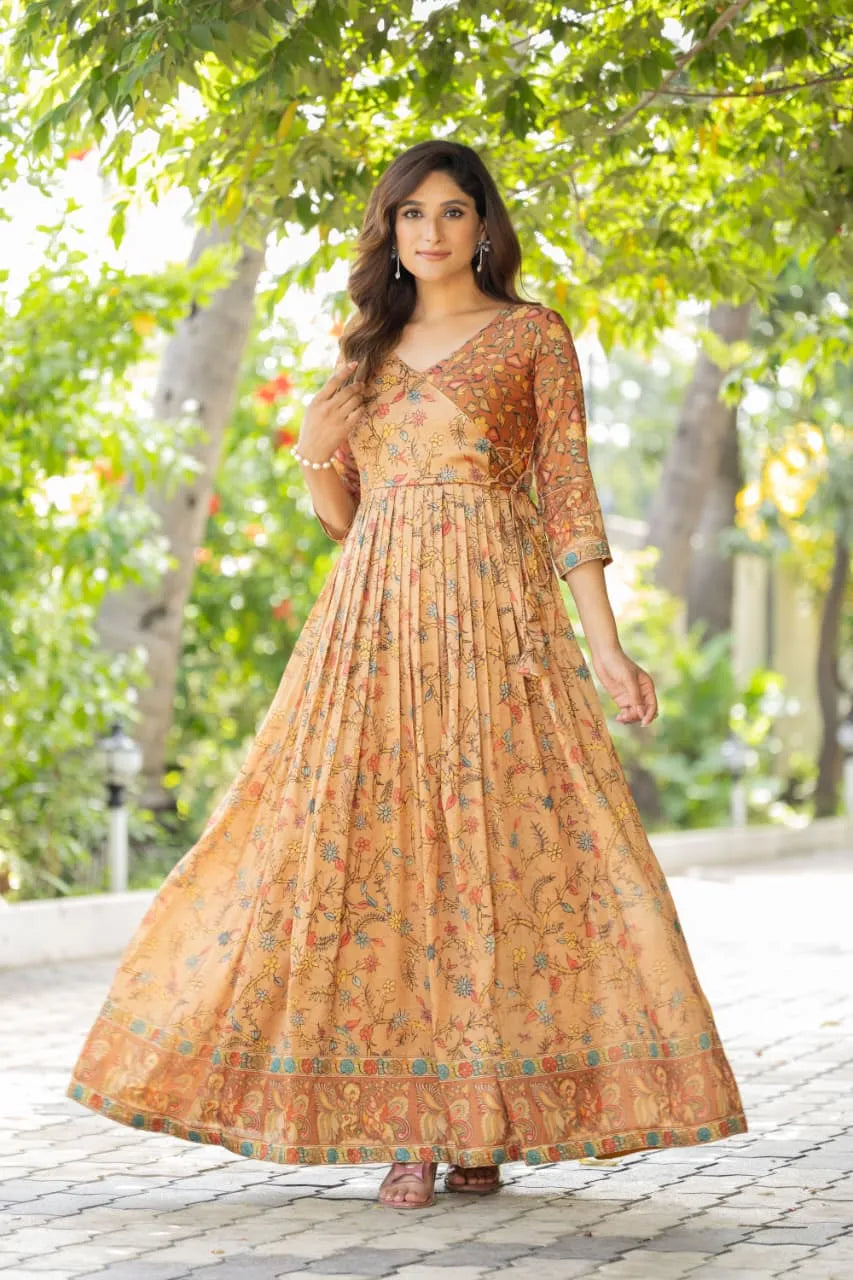 Silk Blend Floral Flared Gown with Heritage Border - Cream