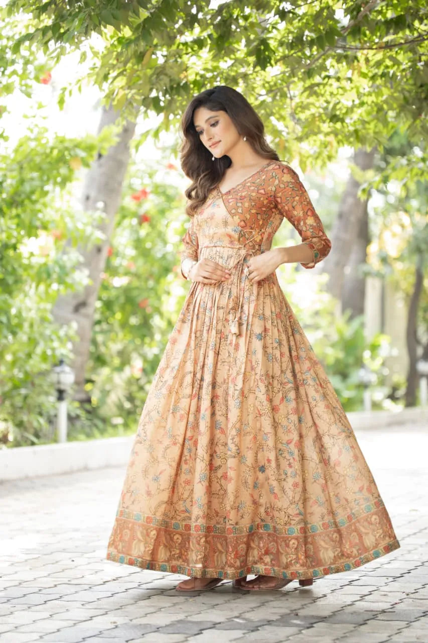 Silk Blend Floral Flared Gown with Heritage Border - Cream