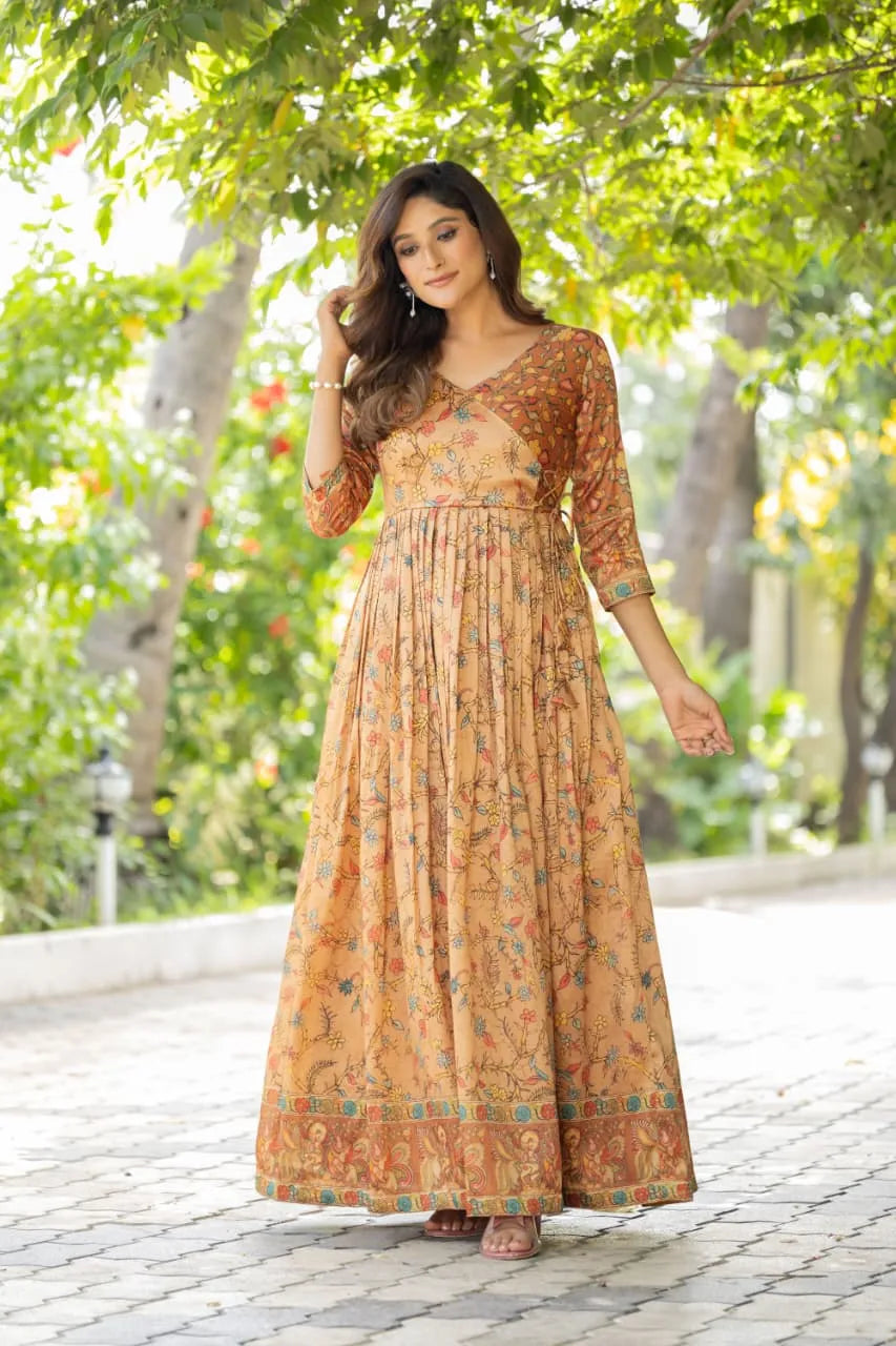 Silk Blend Floral Flared Gown with Heritage Border - Cream