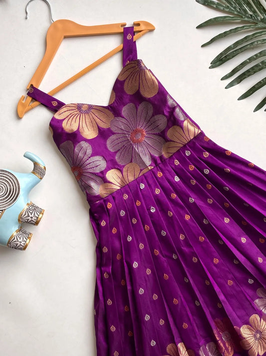 Girls Floral Zari Soft Silk Gown - Purple