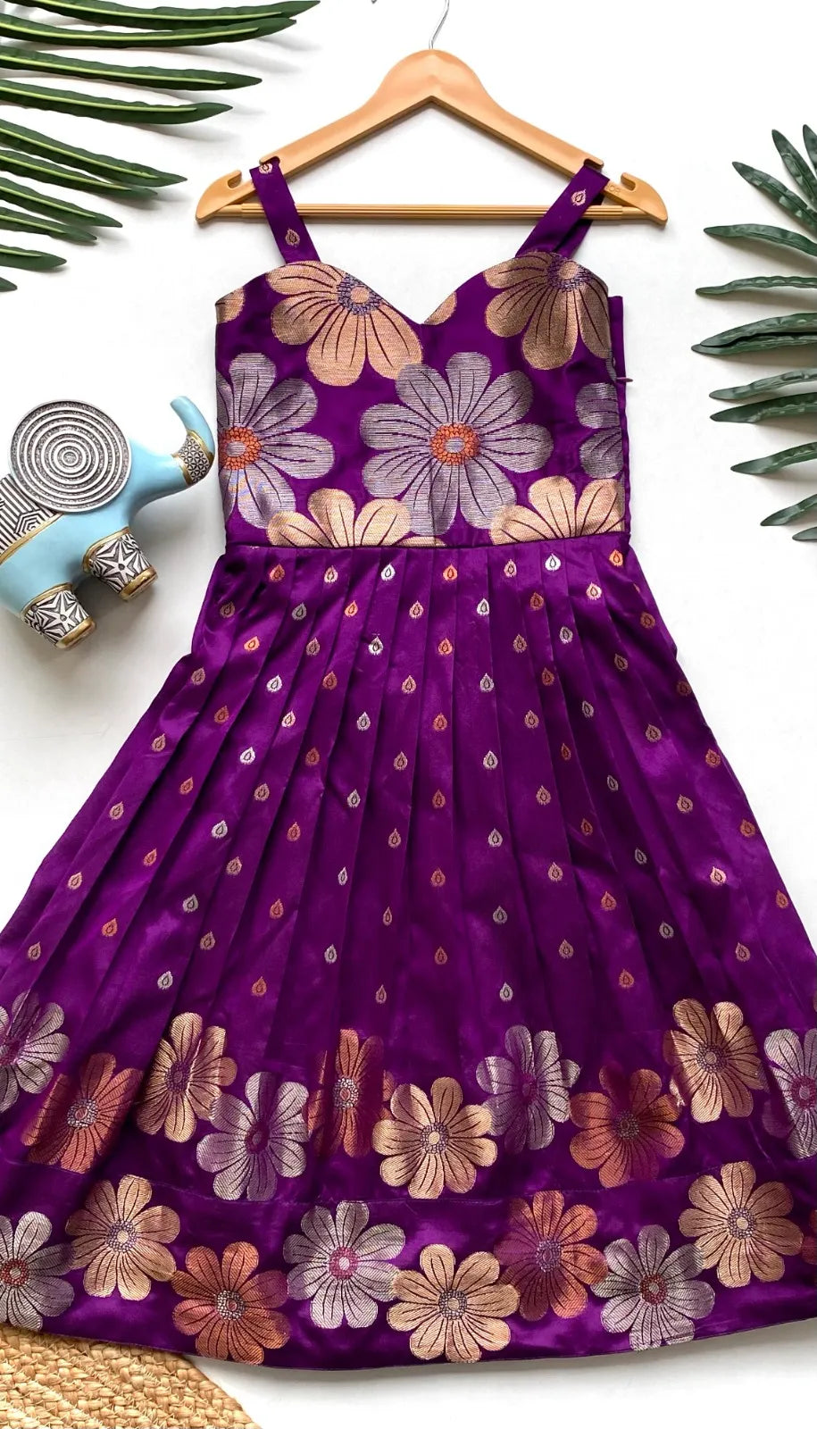 Girls Floral Zari Soft Silk Gown - Purple