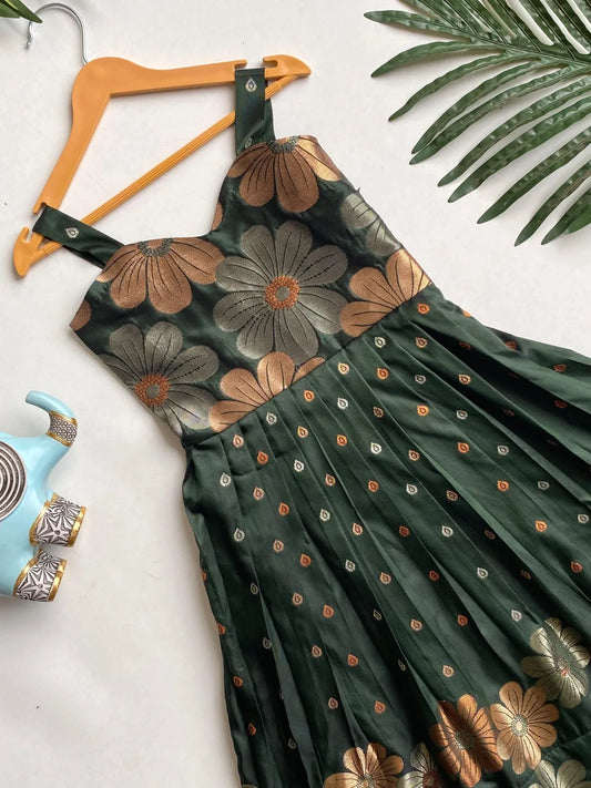 Girls Floral Zari Soft Silk Gown - Green