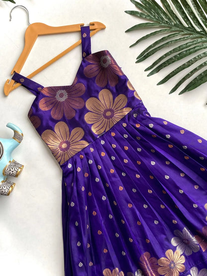 Girls Floral Zari Soft Silk Gown - Blue