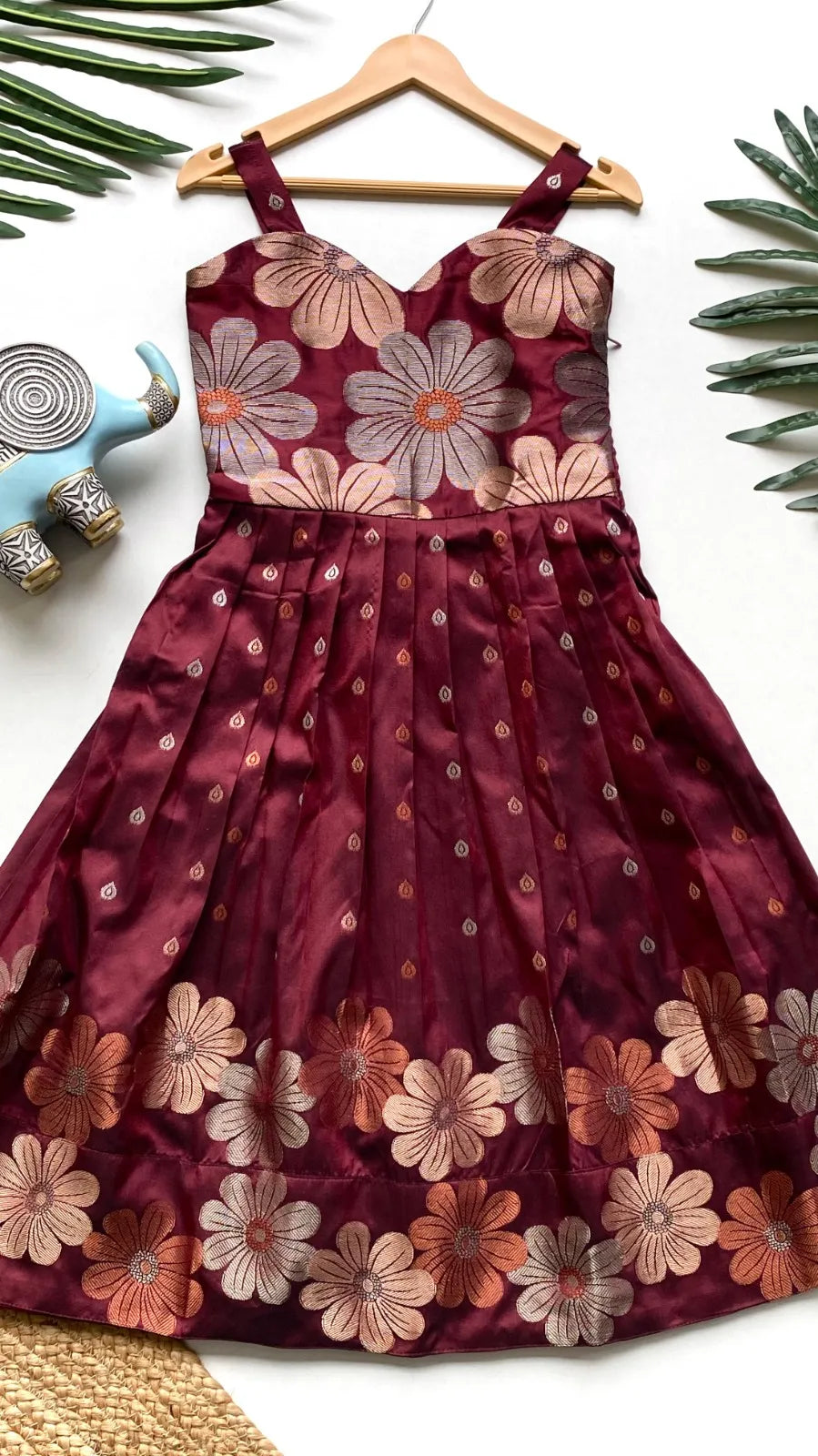 Girls Floral Zari Soft Silk Gown - Maroon