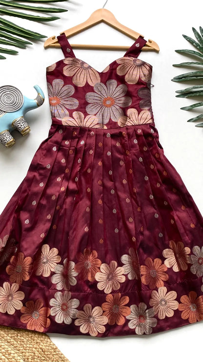 Girls Floral Zari Soft Silk Gown - Maroon