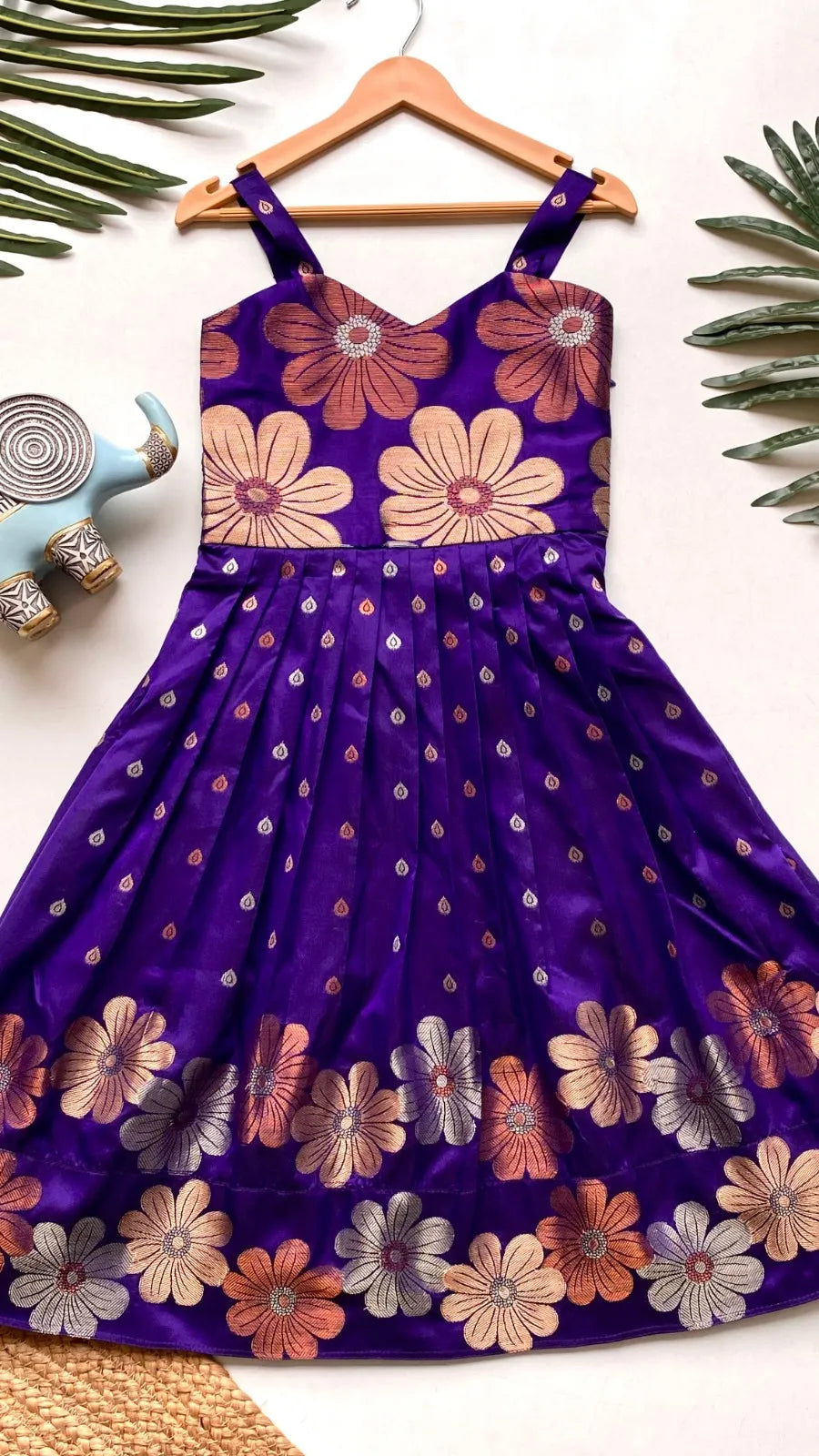 Girls Floral Zari Soft Silk Gown - Blue