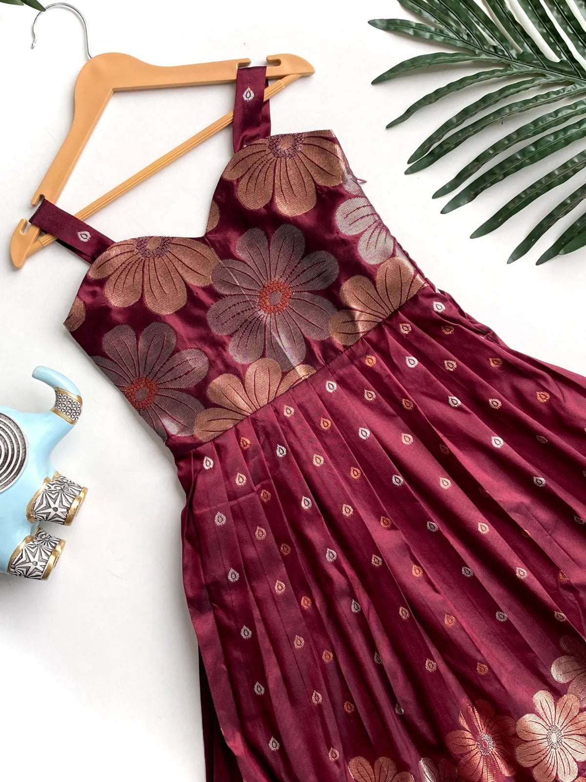 Girls Floral Zari Soft Silk Gown - Maroon