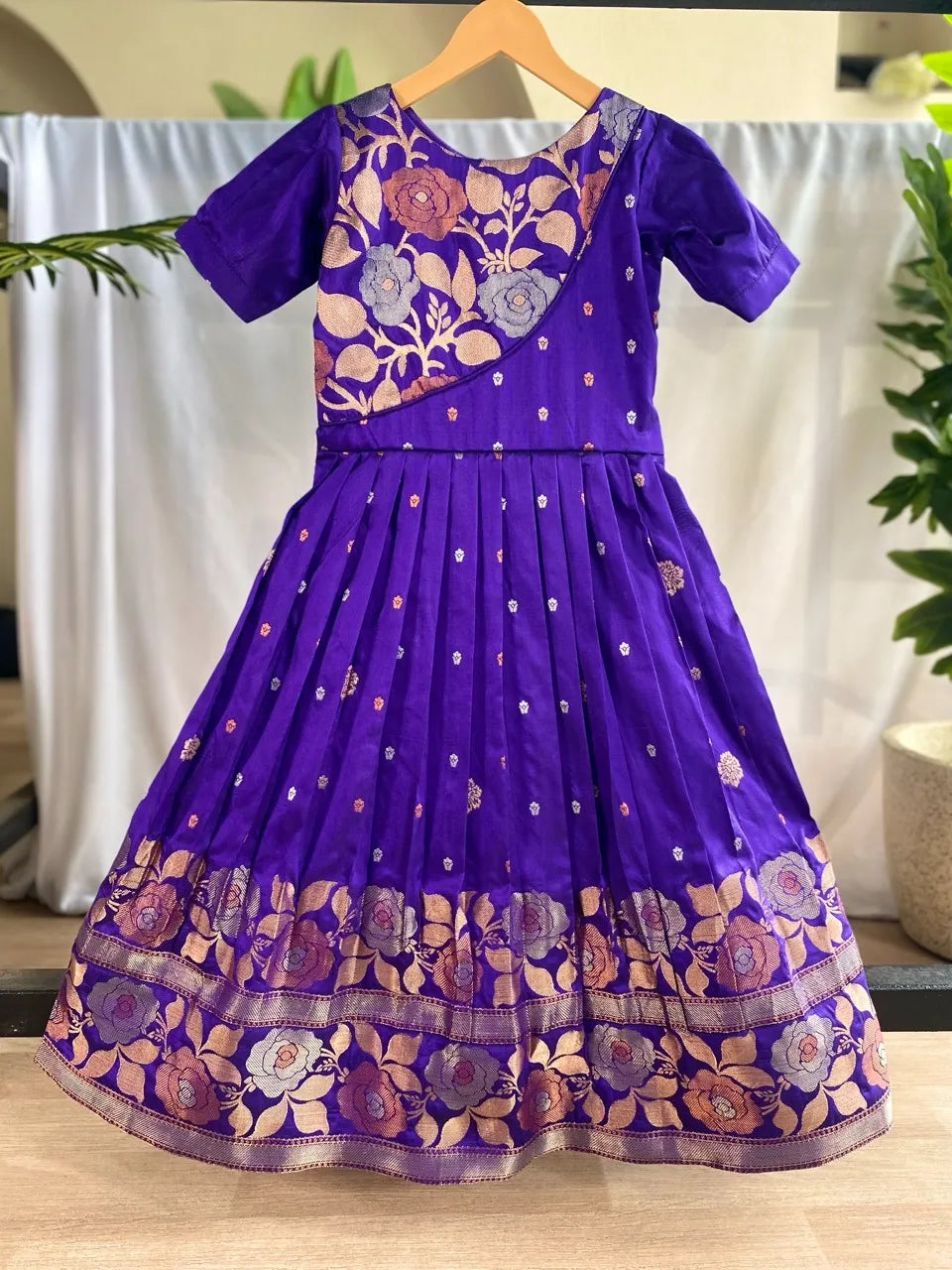 Girls Floral Zari Soft Silk Frock - Blue