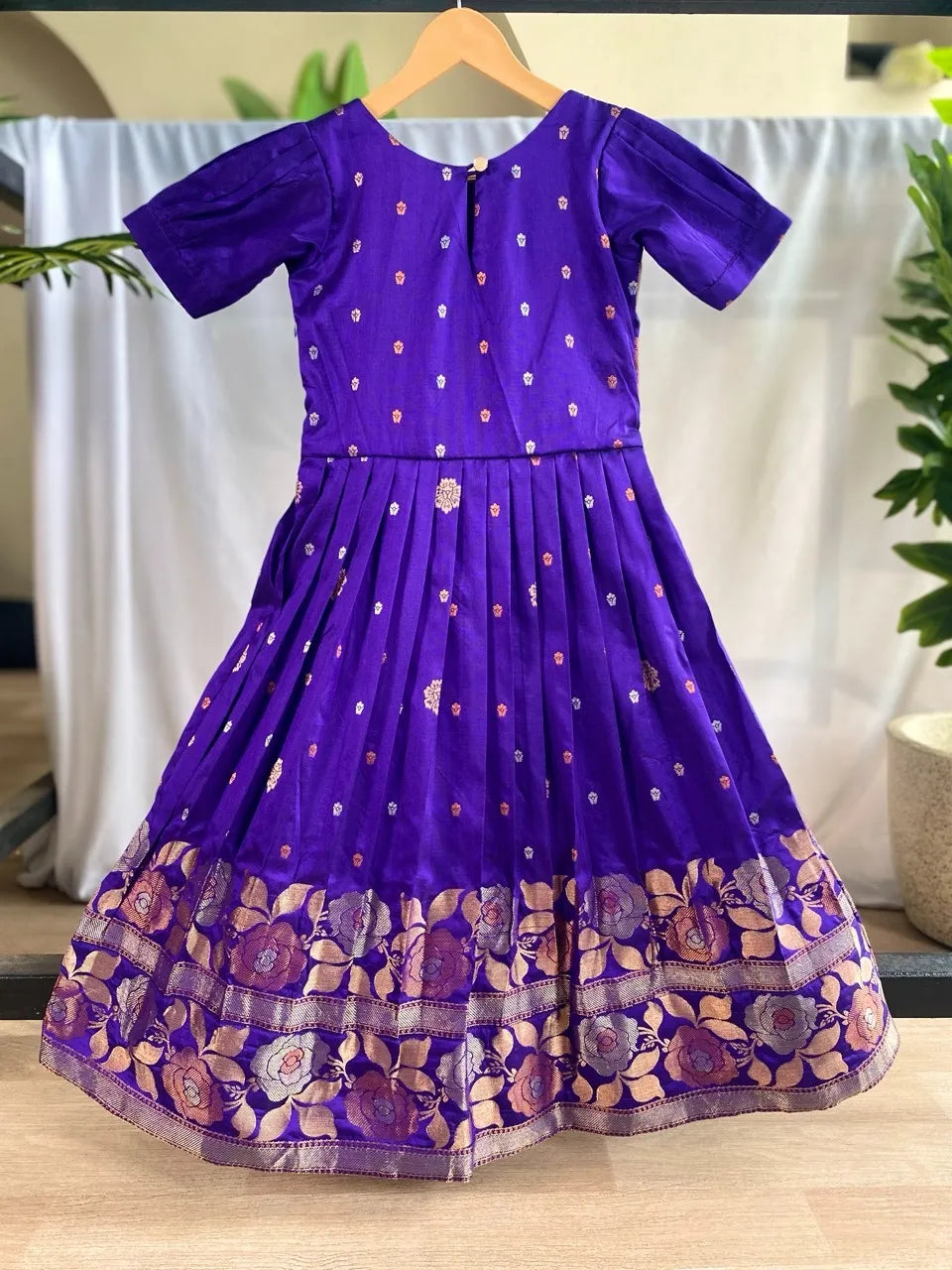 Girls Floral Zari Soft Silk Frock - Blue