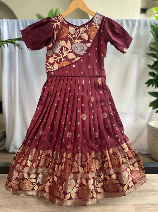 Girls Floral Zari Soft Silk Frock - Maroon