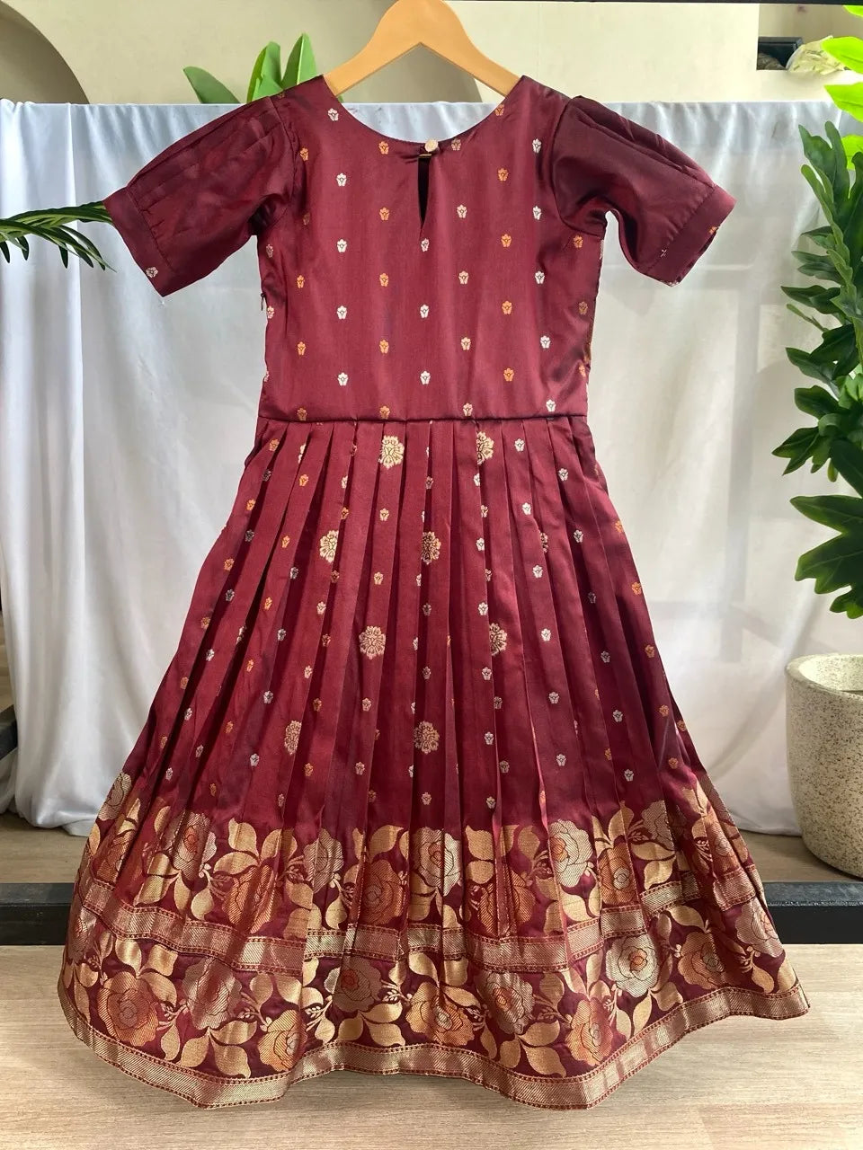 Girls Floral Zari Soft Silk Frock - Maroon