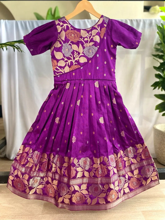Girls Floral Zari Soft Silk Frock - Purple