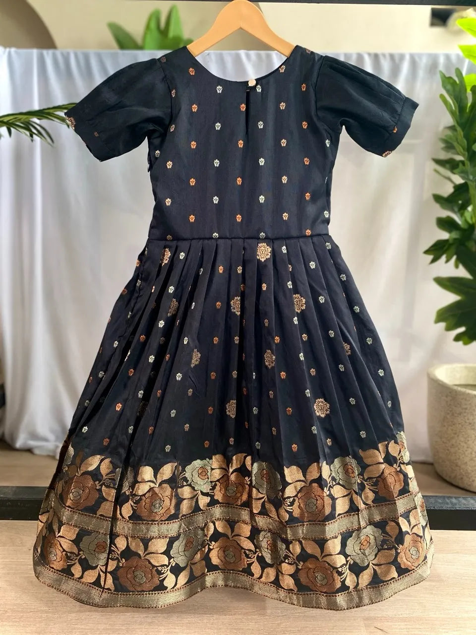Girls Floral Zari Soft Silk Frock - Black