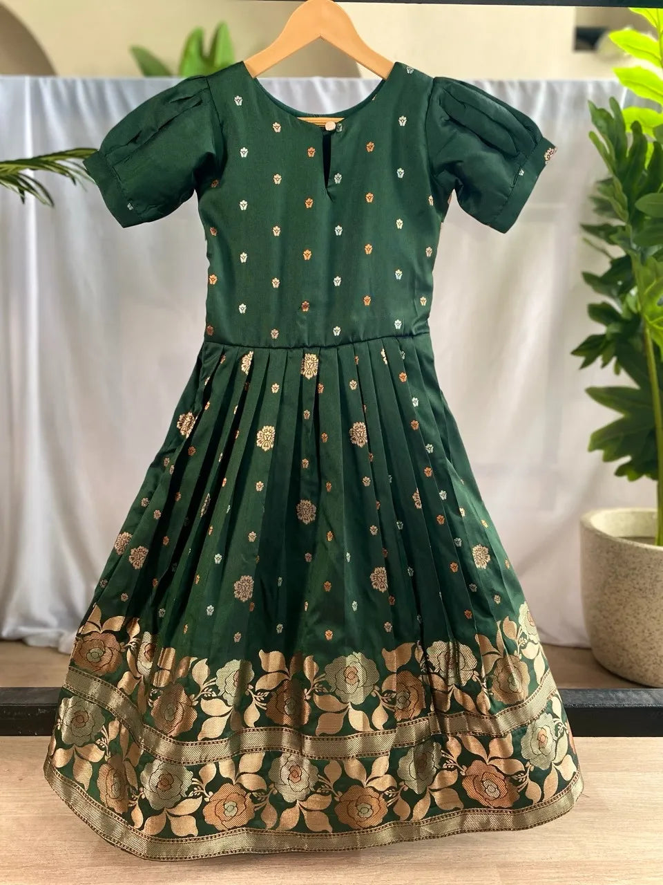 Girls Floral Zari Soft Silk Frock - Green