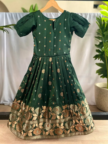 Girls Floral Zari Soft Silk Frock - Green