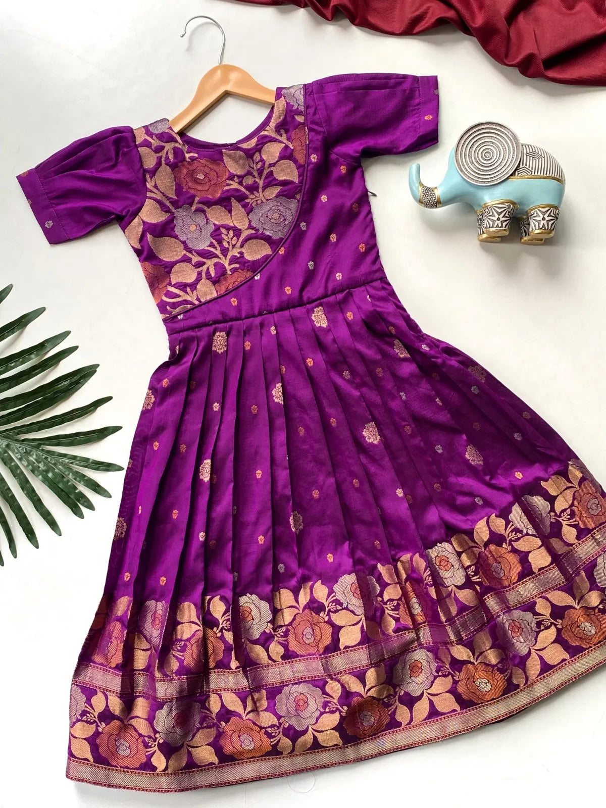 Girls Floral Zari Soft Silk Frock - Purple