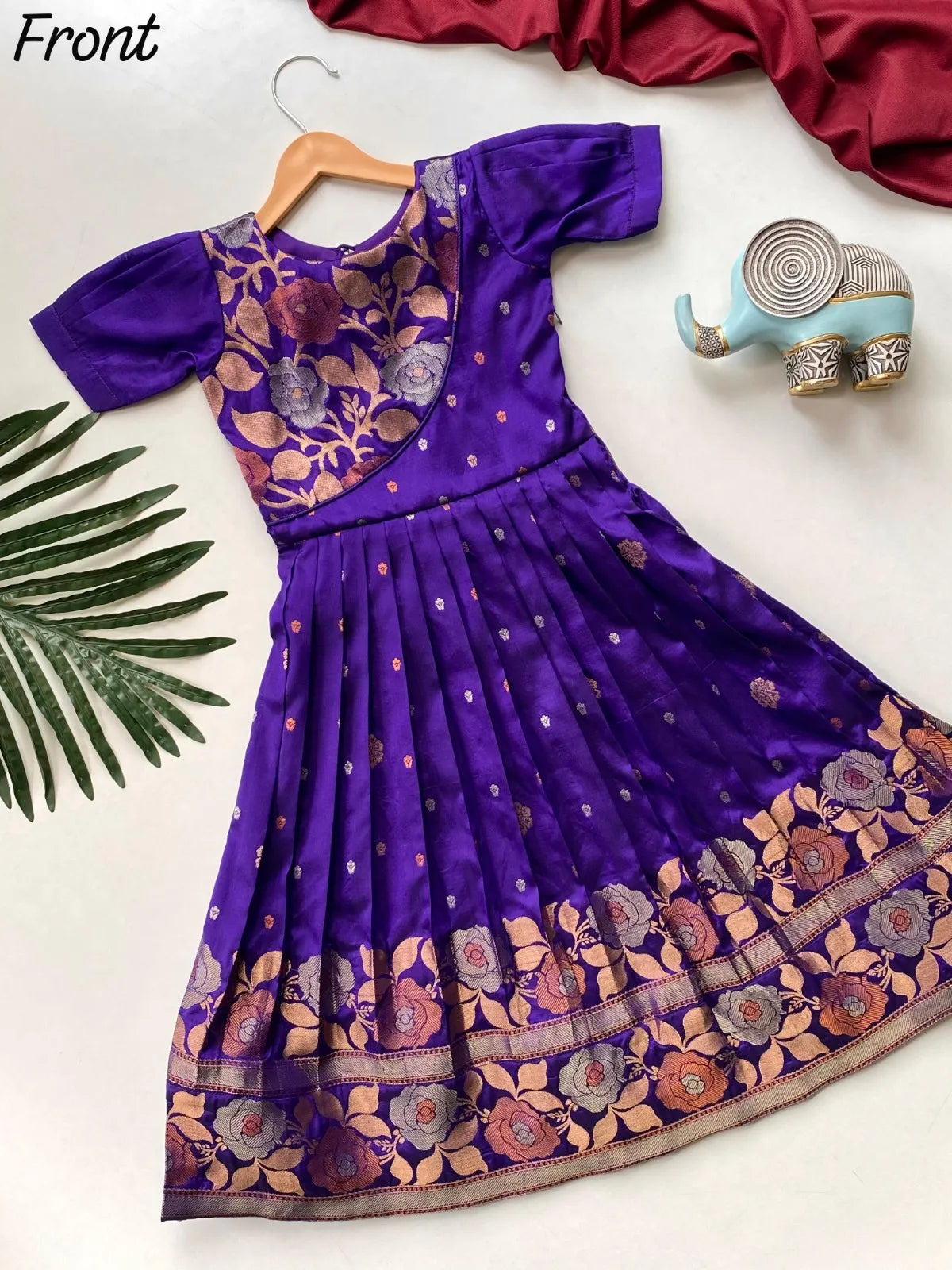 Girls Floral Zari Soft Silk Frock - Blue