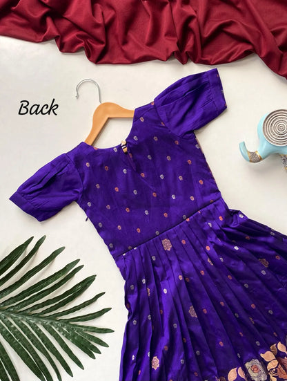 Girls Floral Zari Soft Silk Frock - Blue