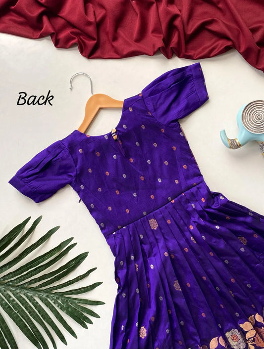 Girls Floral Zari Soft Silk Frock - Blue