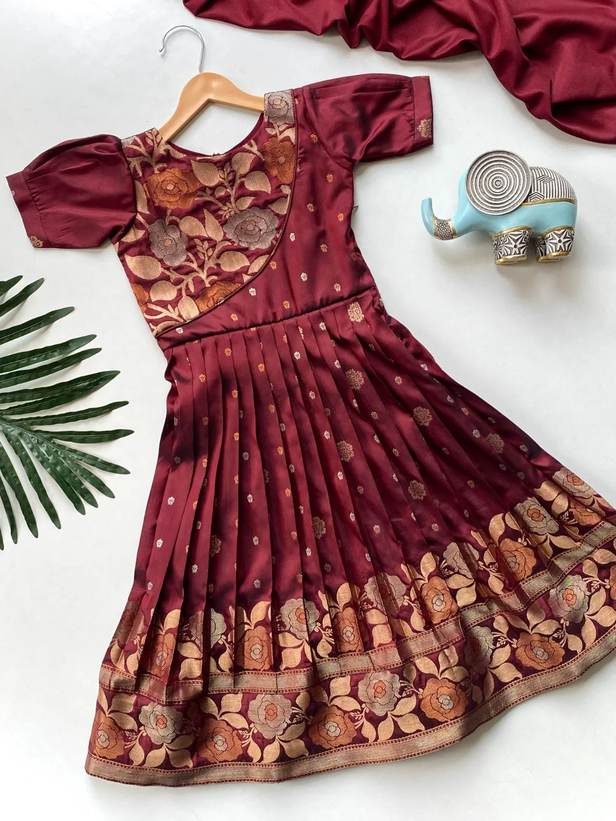 Girls Floral Zari Soft Silk Frock - Maroon
