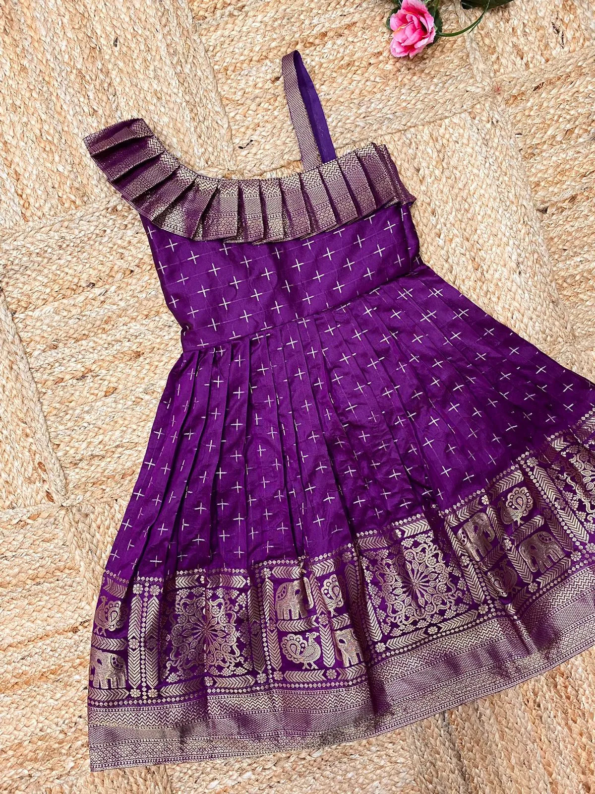 Kids Paithani Silk One-Shoulder Dress - Purple