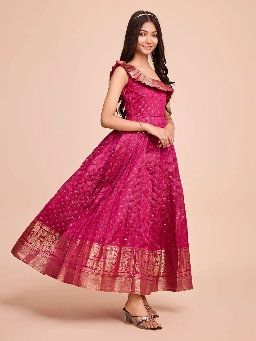 Kids Paithani Silk One-Shoulder Dress - Rani-Pink