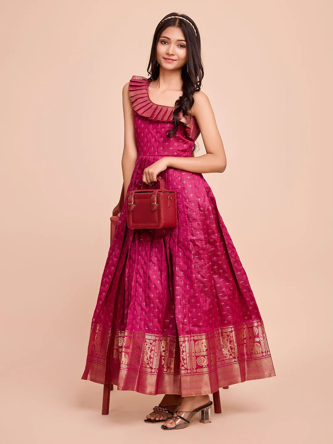 Kids Paithani Silk One-Shoulder Dress - Rani-Pink