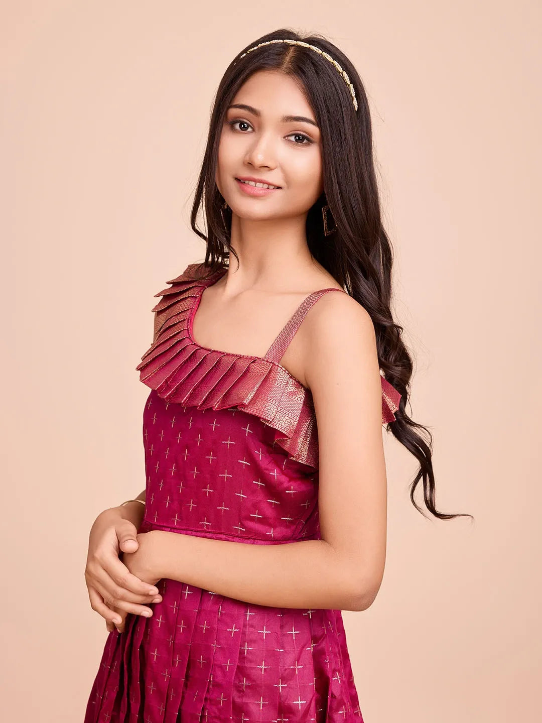 Kids Paithani Silk One-Shoulder Dress - Rani-Pink