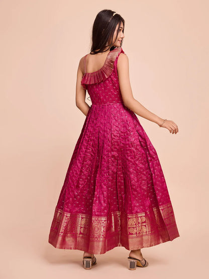 Kids Paithani Silk One-Shoulder Dress - Rani-Pink