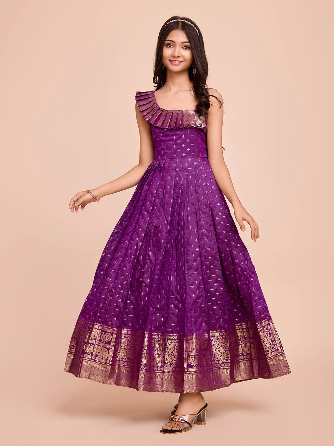 Kids Paithani Silk One-Shoulder Dress - Purple