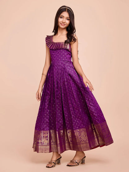 Kids Paithani Silk One-Shoulder Dress - Purple