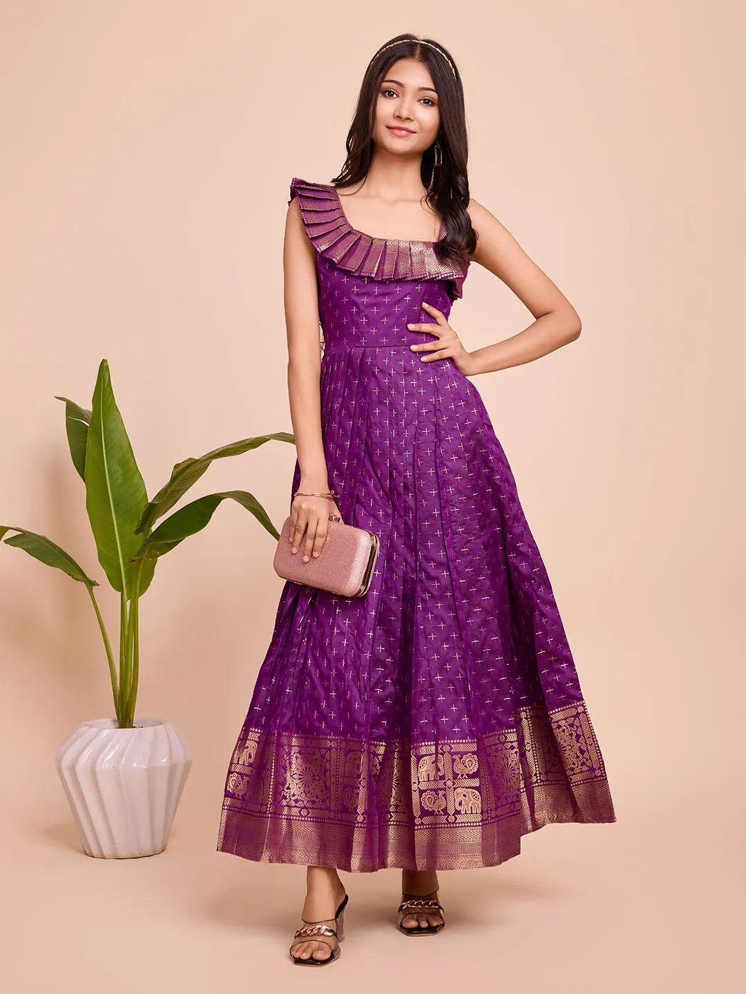 Kids Paithani Silk One-Shoulder Dress - Purple