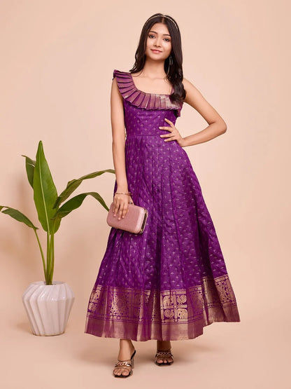 Kids Paithani Silk One-Shoulder Dress - Purple