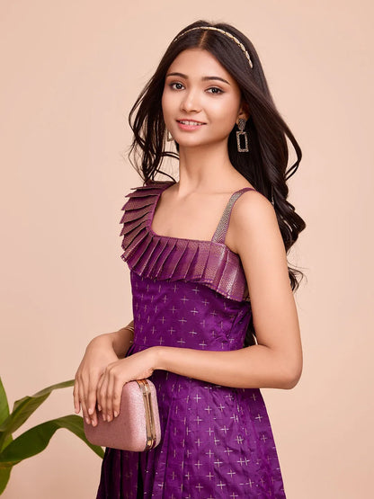 Kids Paithani Silk One-Shoulder Dress - Purple
