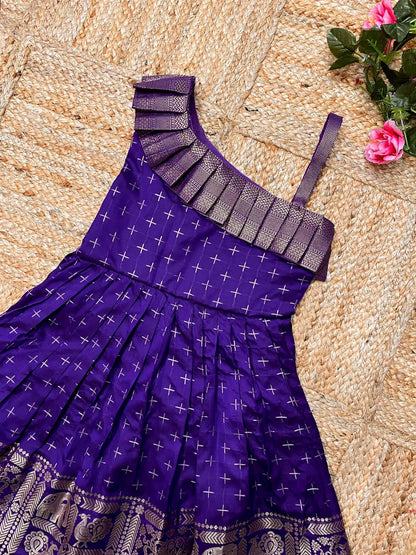 Kids Paithani Silk One-Shoulder Dress - Blue