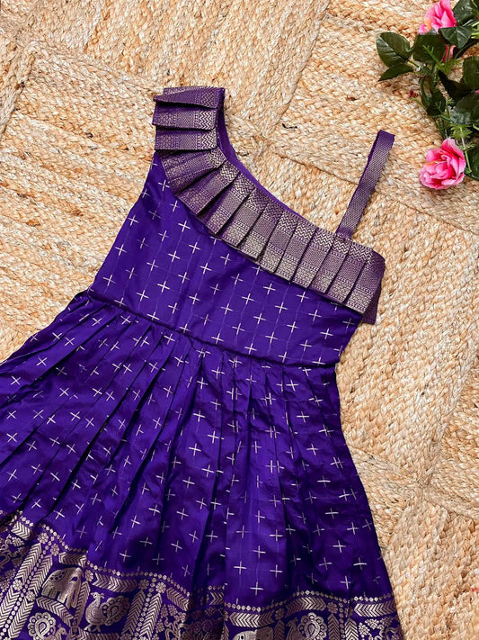 Kids Paithani Silk One-Shoulder Dress - Blue