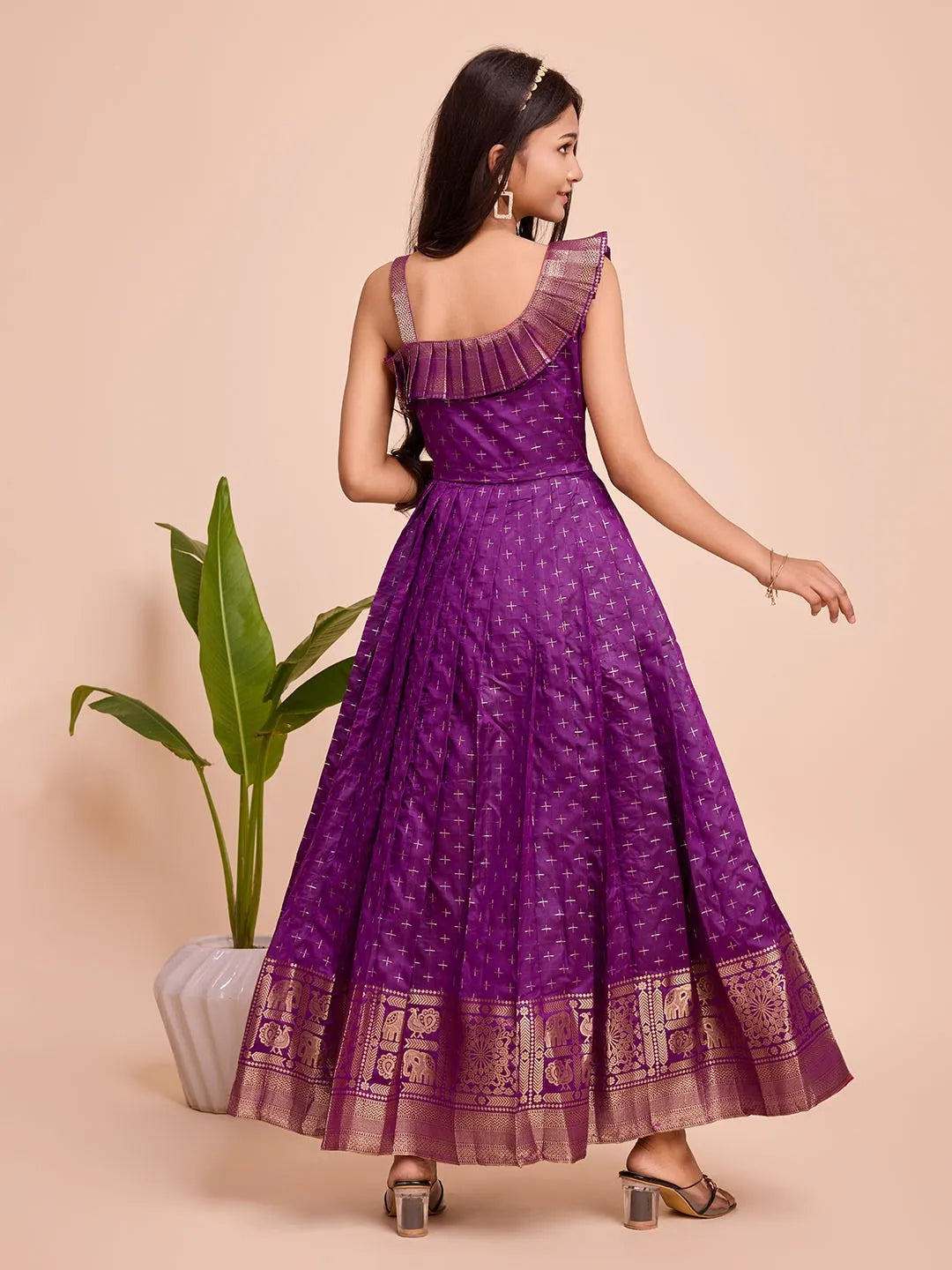Kids Paithani Silk One-Shoulder Dress - Purple