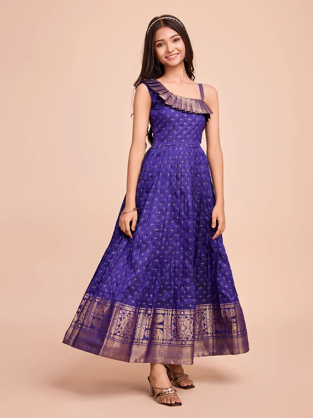 Kids Paithani Silk One-Shoulder Dress - Blue