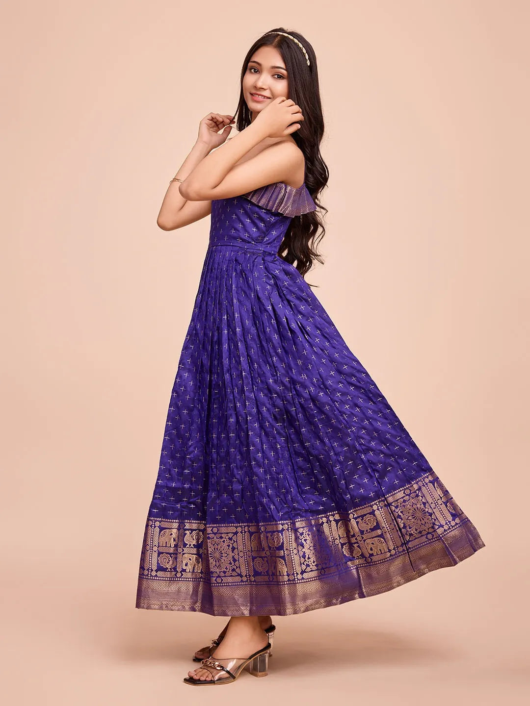 Kids Paithani Silk One-Shoulder Dress - Blue