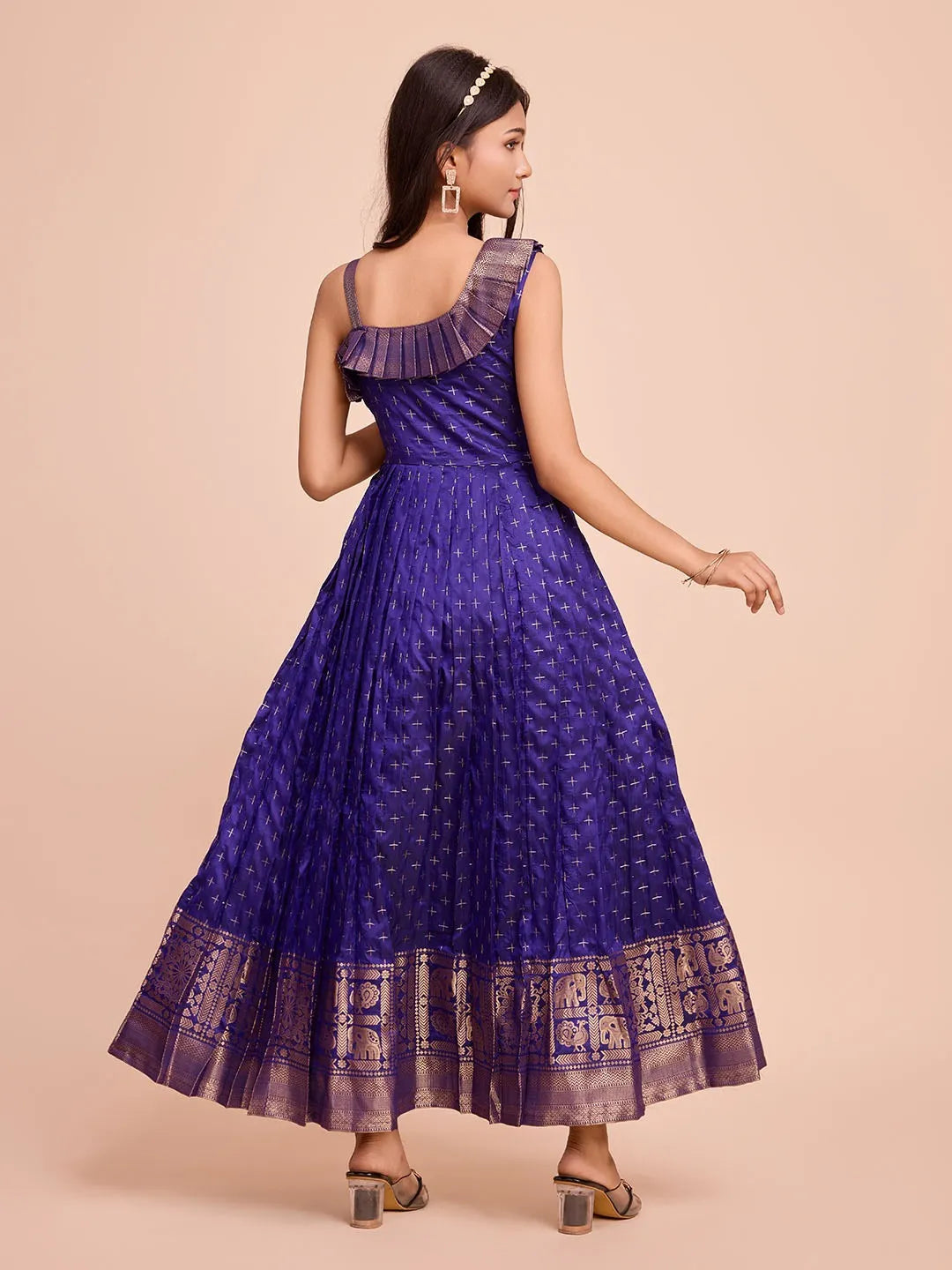 Kids Paithani Silk One-Shoulder Dress - Blue