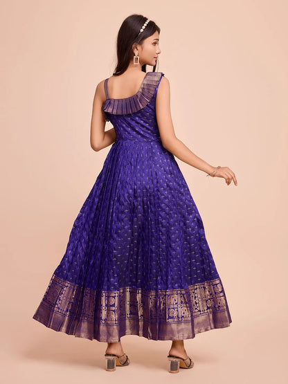 Kids Paithani Silk One-Shoulder Dress - Blue