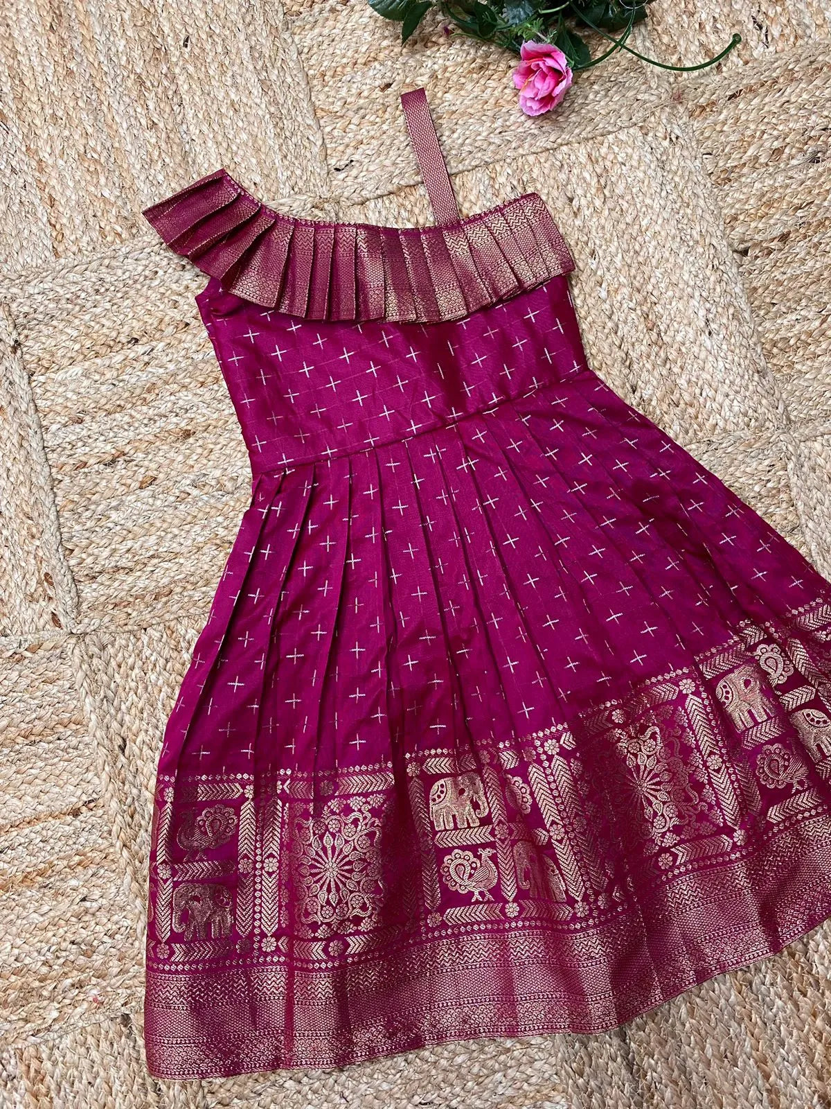 Kids Paithani Silk One-Shoulder Dress - Rani-Pink