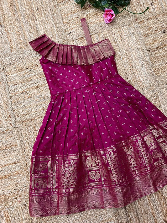 Kids Paithani Silk One-Shoulder Dress - Rani-Pink