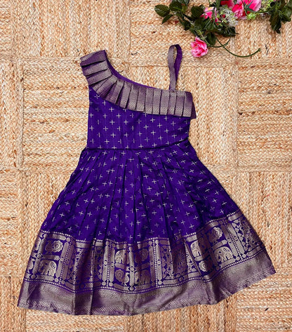 Kids Paithani Silk One-Shoulder Dress - Blue