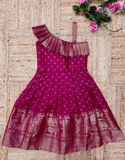 Kids Paithani Silk One-Shoulder Dress - Rani-Pink