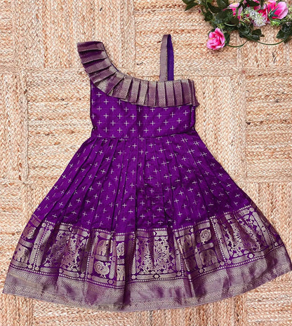 Kids Paithani Silk One-Shoulder Dress - Purple
