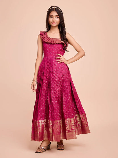Kids Paithani Silk One-Shoulder Dress - Rani-Pink