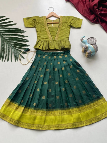 Kids Soft Silk Lehenga Choli Set - Green